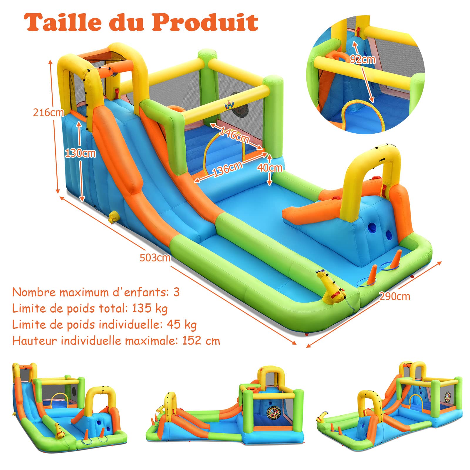 GOPLUS Castillo Hinchable para Niños, Hinchable Grande con Piscina, Pistola de Agua Tobogán Acuático, Adecuado de 3 a 10 Años, ‎504 x 295 x 217 cm