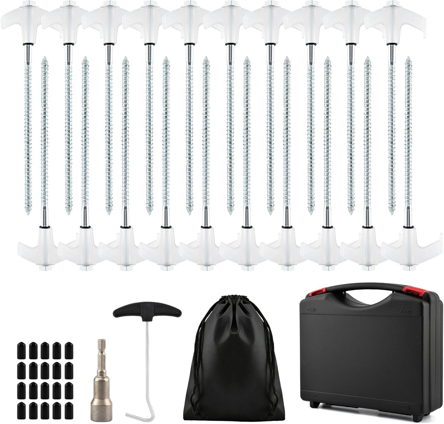 20 Pcs Screw in Tent Stakes Heavy Duty-8” Metal Pegs for Ground, Drill in Camping Stake with Hex Head Driver, Spikes Puller, Protector in Carrying case, for Hiking, Glow in Dark