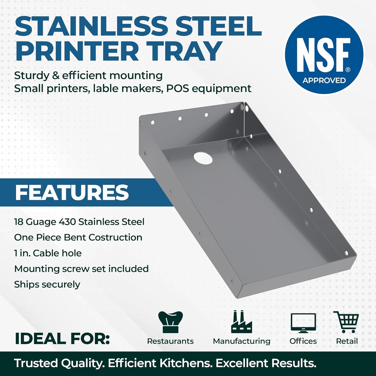Stainless Steel Printer Tray 10" x 6.5" x 2" | 18-Gauge 430 Steel Organizer with Mounting Screws | Heavy Duty Wall-Mount Printer Shelf for Office & Industrial Use
