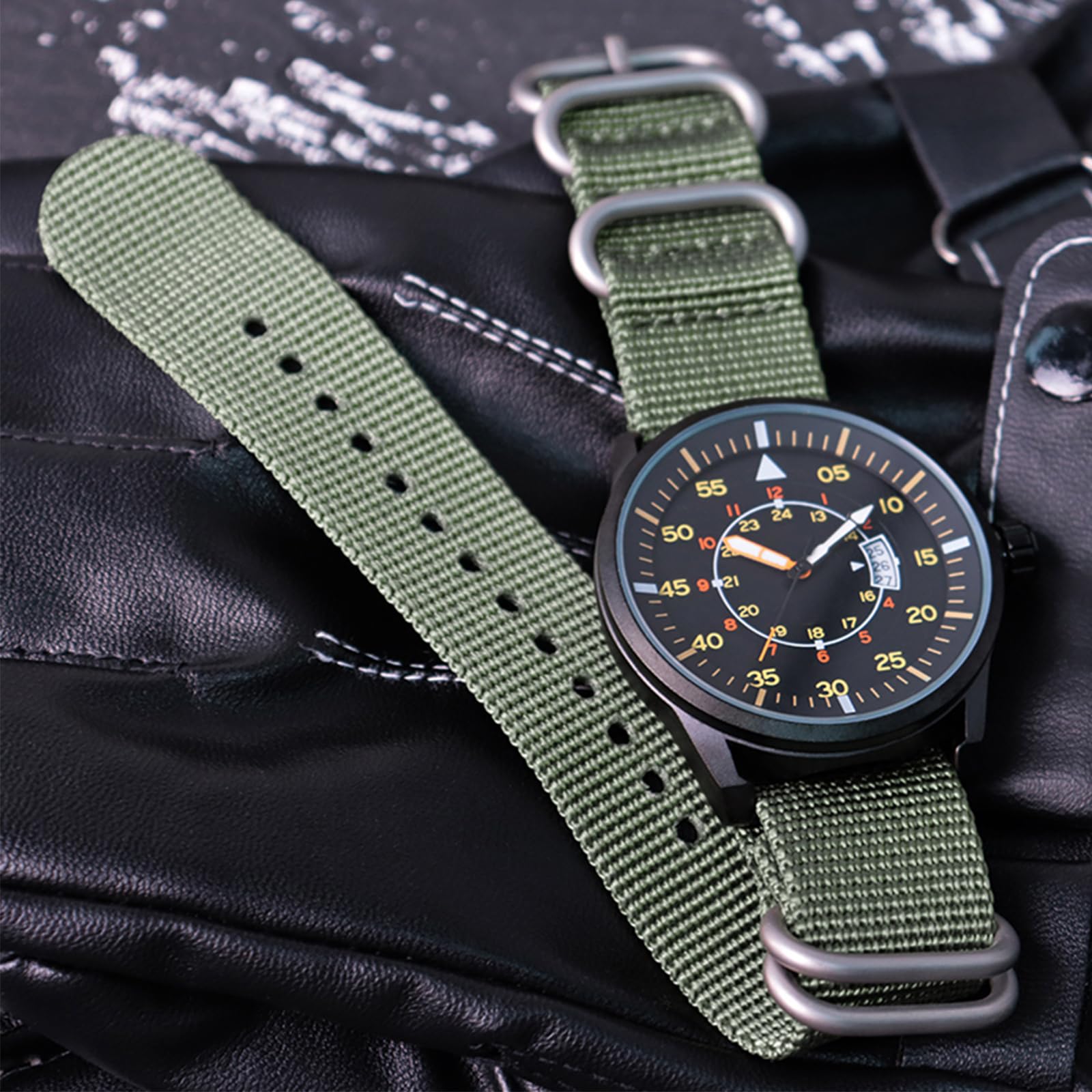 addies Montre militaire pour homme 44 mm Affichage 3 dates Étanche 50 m Bracelet en nylon à séchage rapide