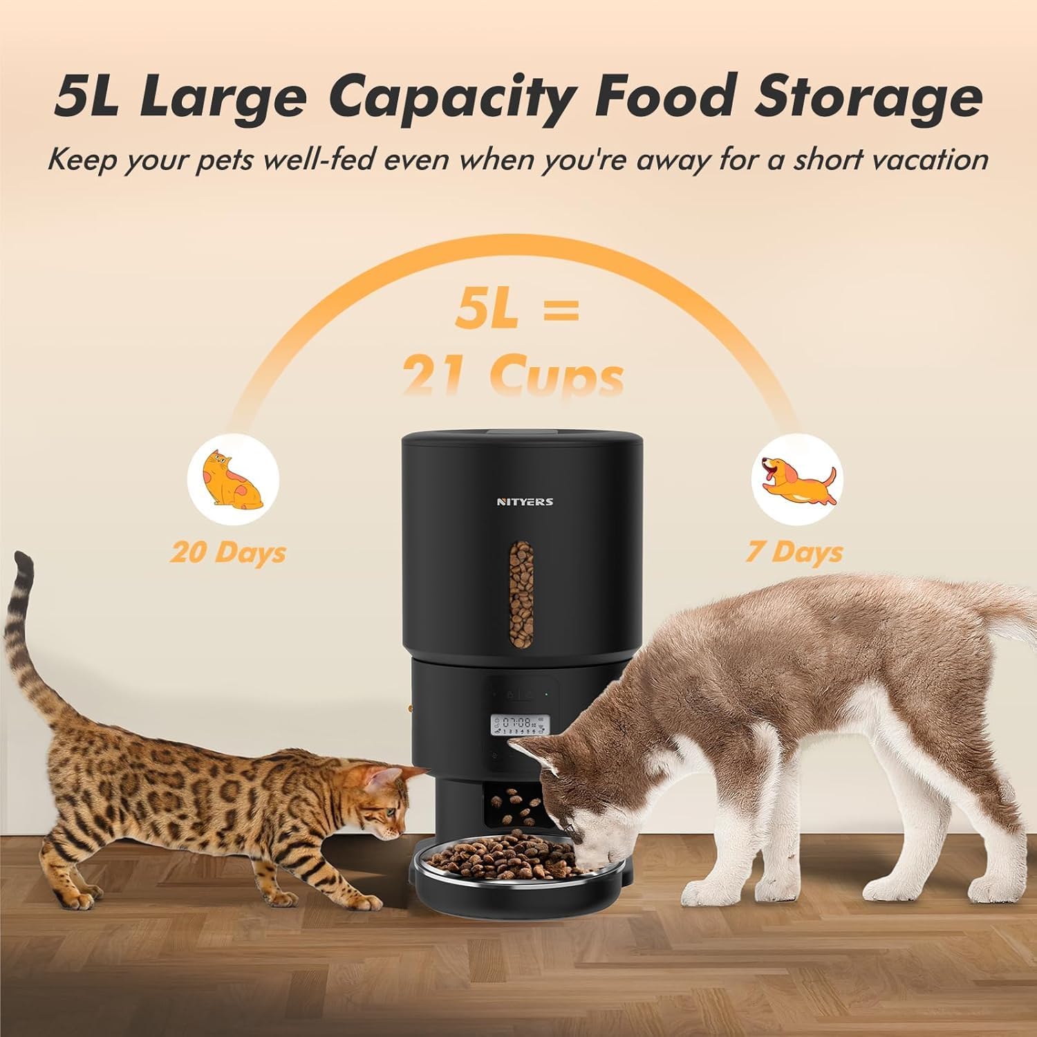 Automatic Cat Feeder - 5L Anti-Clog Cat Food Dispenser Keeps 2-15mm Dry Food Fresh, 10s Voice, 1-6 Meals/Day, Programmable Portions, 180-Day Battery Life, Easy to Clean Auto Pet Feeder for Small Dog