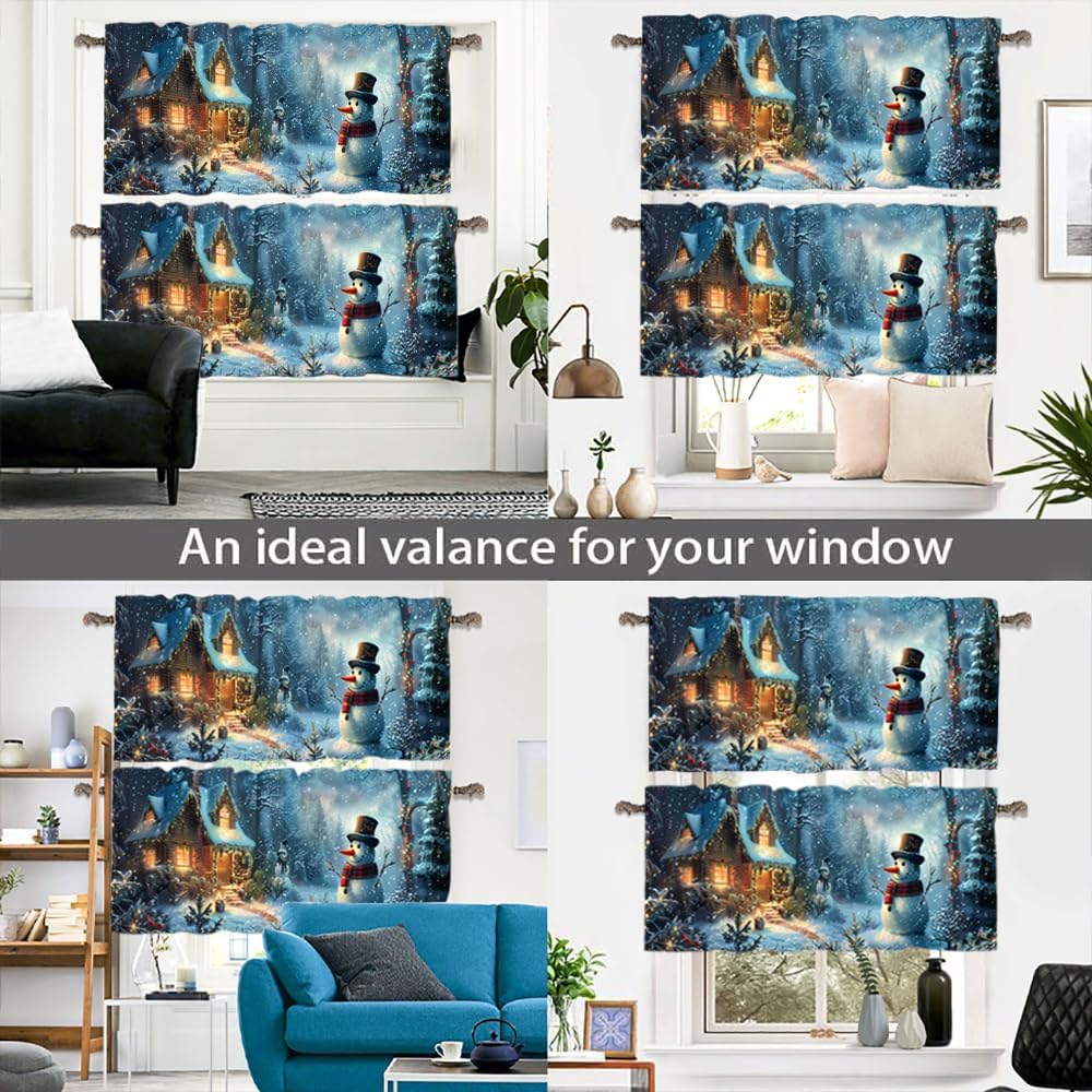 2 Panels Rustic Cabin Snowman Curtain Valance for Windows, Christmas Themed Rod Pocket Short Window Treatment Decor Drapes for Kitchen, Bathroom, 54" X 18"