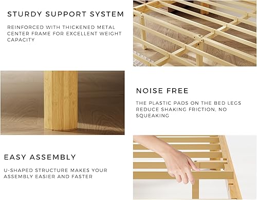 Miniatura 6 de COMASACH Cama de plataforma de madera Queen de 10 pulgadas, marco de cama de madera de mediados de siglo, tamaño Queen, no necesita somier, acabado