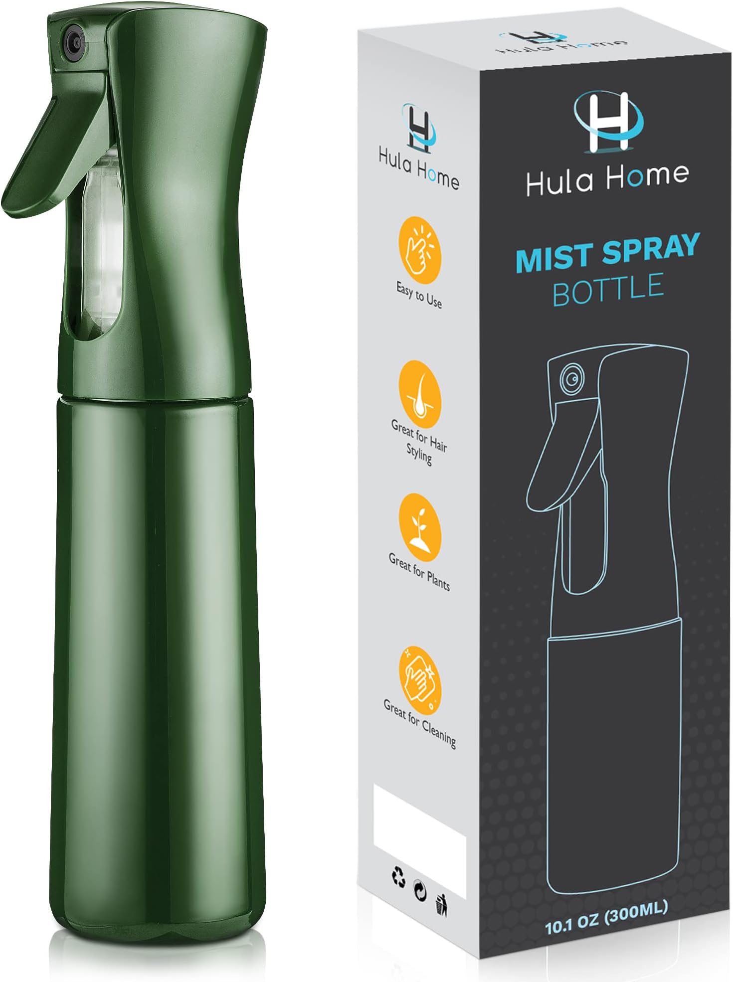 Hula Home Continuous Spray Bottle (10.1oz/300ml) Empty f falkiya Fine Plastic Water Mist Sprayer – For Hairstyling, Cleaning, Salons, Plants, Essential Oil Scents & More (Green)