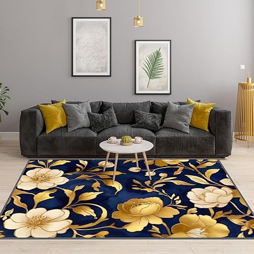 Alfombra antideslizante azul oscuro retro dorado floral acuarela, alfombra de juego para yoga, interior, alfombra de patio, puerta para el hogar,