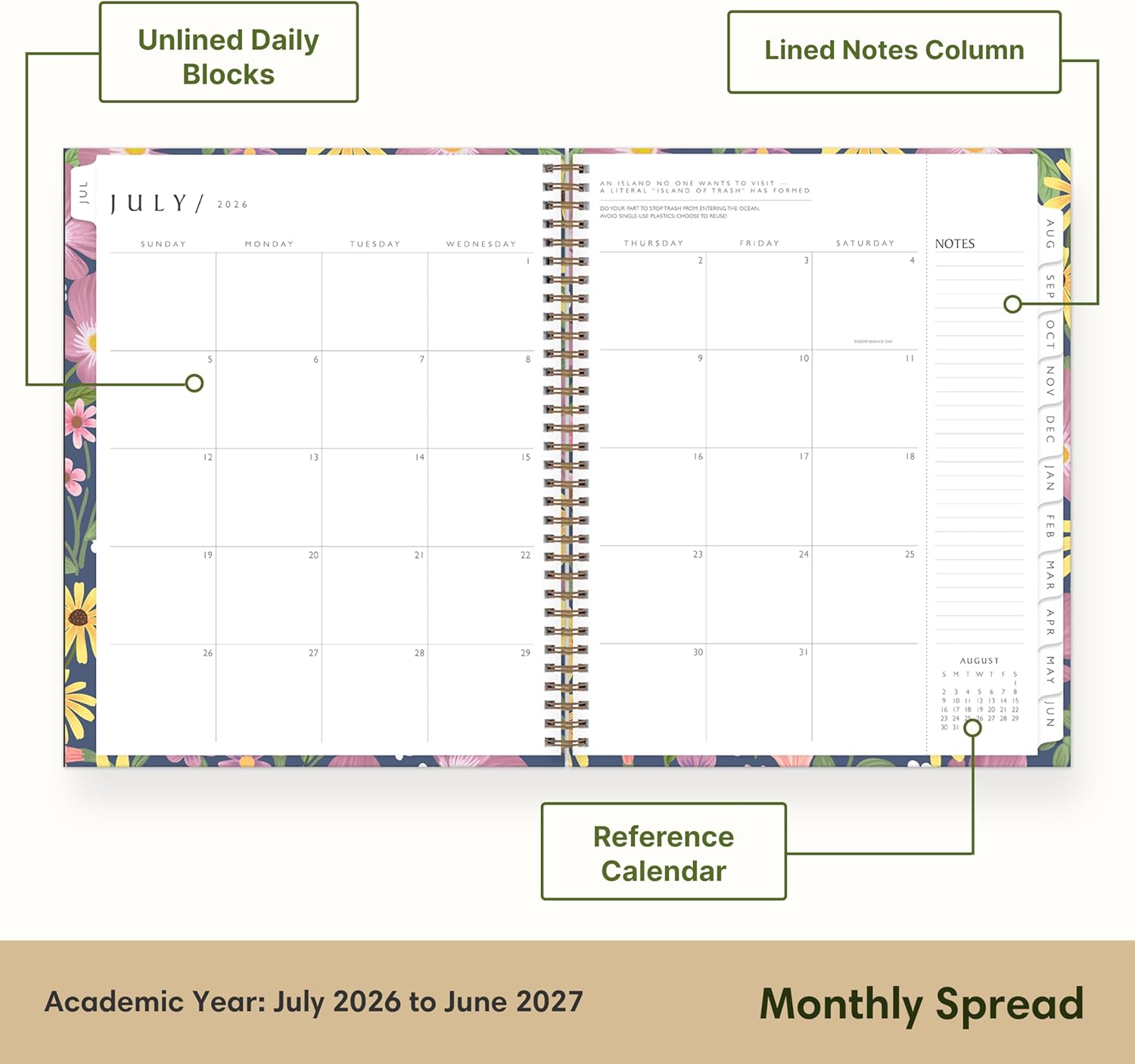 Blue Sky Sustainability 2026-2027 Weekly and Monthly Academic Year Planner Calendar, July 2026 - June 2027, 8.5" x 11", Flexible Cover From Recycled Plastic, Wirebound, Laminated Tabs, Storage Pocket, Gail