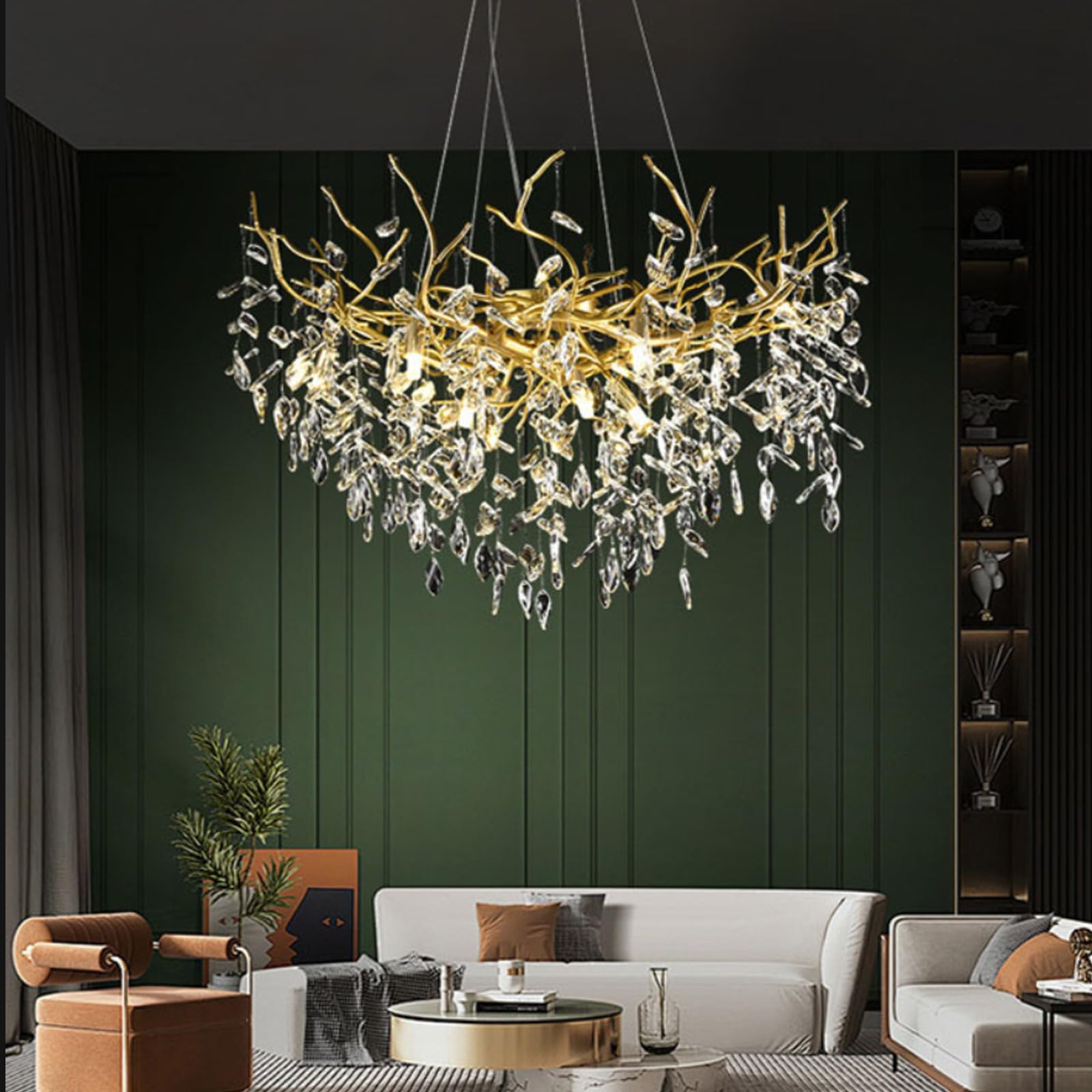HYJAUSXB Modern Crystal Chandelier Gold Tree Branch Ceiling Light Fixtures,Crystal Closet Lighting Linear Large Foyer for Kitchen Living Room Dining HotelsGold,D80CM