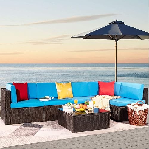 Furniwell 6 Piece Outdoor Sectional Furniture Set, All Weather Modern Patio Furniture Sets PE Rattan Manual Wicker Conversation Set with Cushion and Glass Tabl for Lawn, Backyard, Poolside (Blue)