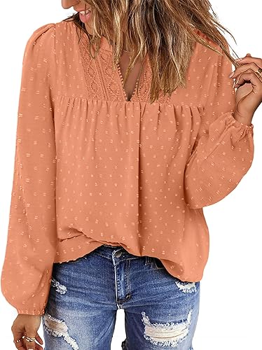 BETTE BOUTIK Women Boho Long Sleeve Shirts Dressy Casual V Neck Fall Fashion Tops Swiss Dot Flowy Blouses
