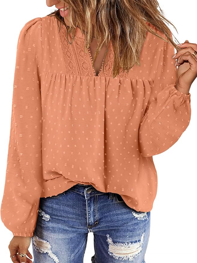 BETTE BOUTIK Women Boho Long Sleeve Shirts Dressy Casual V Neck Fall Fashion Tops Swiss Dot Flowy Blouses