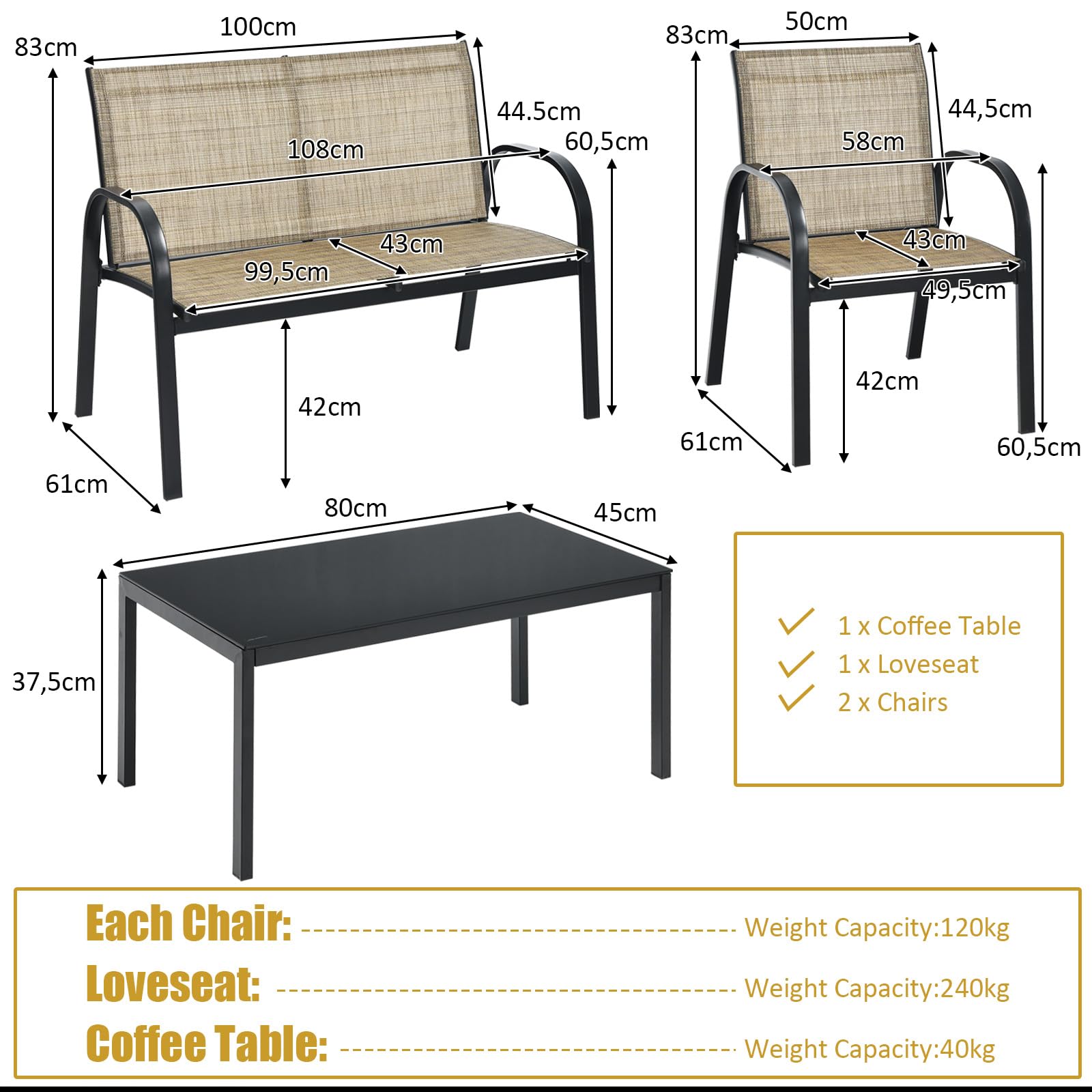 KOMFOTTEU Ensemble de Salon de Jardin 4 Pièces pour 4 Personnes, Mobilier d’Extérieur avec 2 Chaises, 1 Canapé et 1 Table Basse, Meubles de Terrasse pour Cour, Patio, Balcon (Marron)