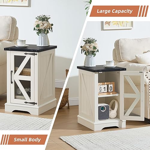 Miniatura 9 de Juego de 2 mesitas de noche estrechas, mesa auxiliar de granja con almacenamiento de puerta de granero de cristal, mesitas de noche, mesitas de