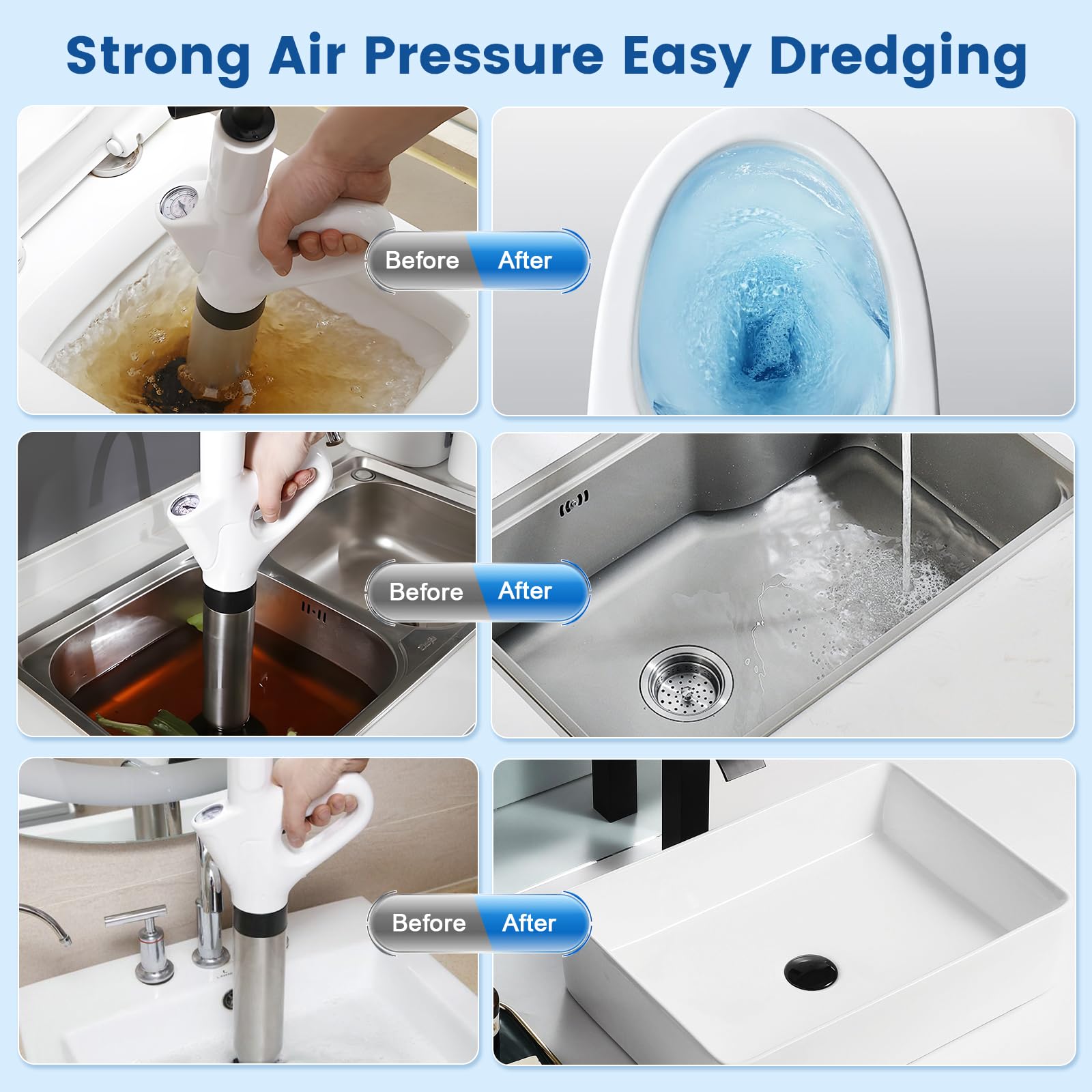 Deboucheur WC, 4 in 1 Déboucheur à Pompe Haute Pression Déboucheur Piston Toilette Puissant Air Comprimé avec Têtes Remplaçables et Baromètre pour Déboucher les Évier Lavabo Baignoire Drain de Sol