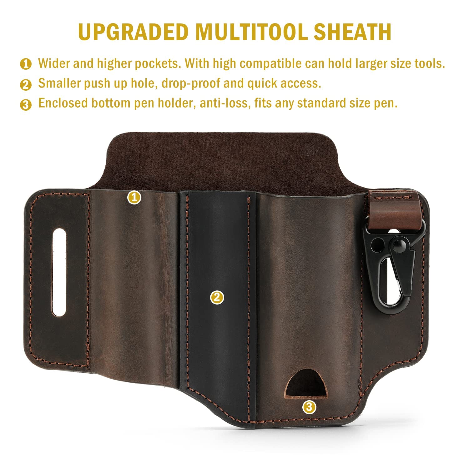 VIPERADE PJ29 EDC Guaina in pelle, Multitools Guaina/Strumenti Fondina/Coltello Cintura Guaina/Torcia Guaina per Multitools/Coltelli Guaina, Handmade 3 Tasche Organizer Guaina