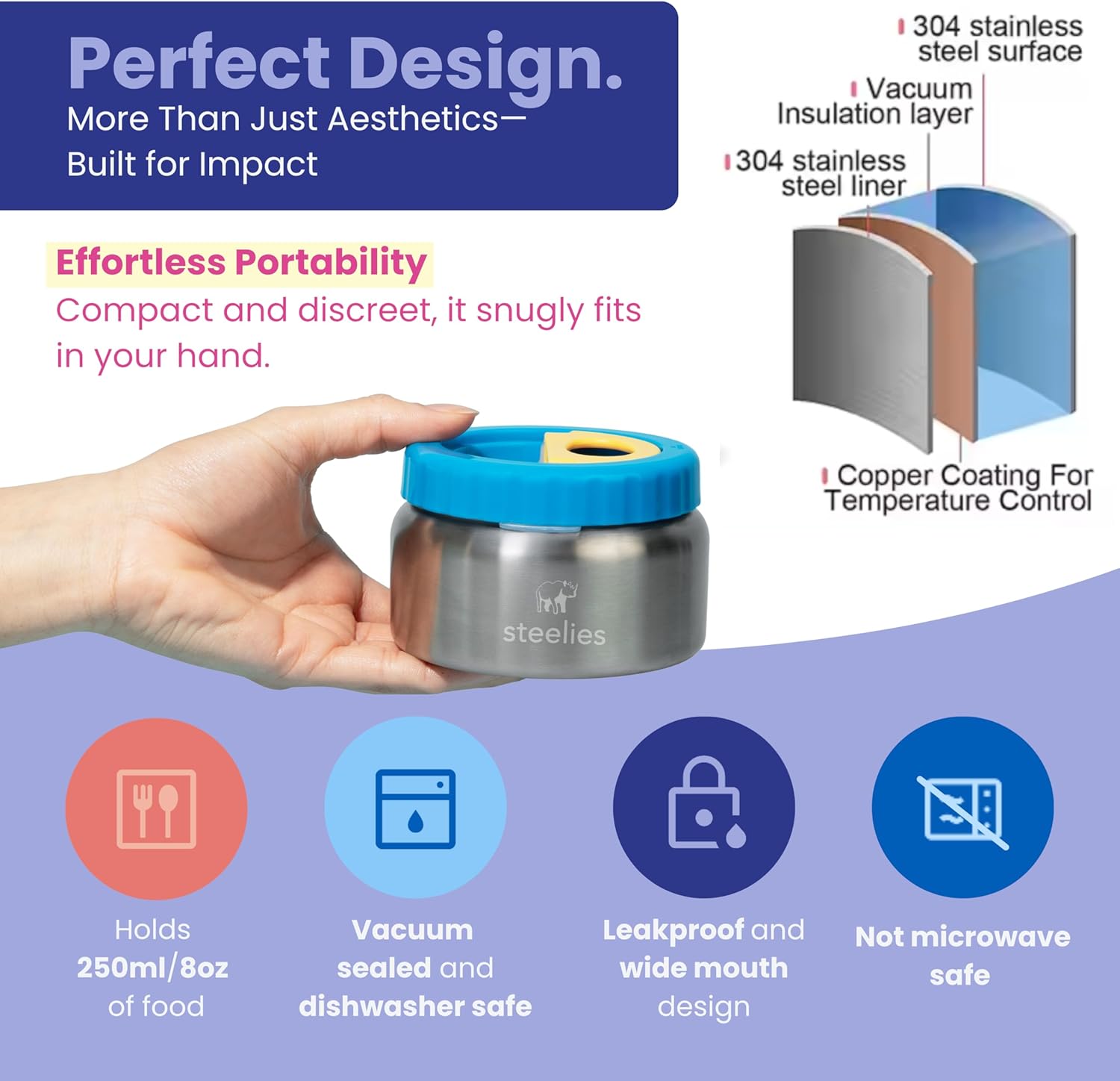 8oz Vacuum Sealed Compact Stainless Steel Insulated Food Container for Hot & Cold Food for Kids, Easy to Open No Twisting Lid, 100% Leak Proof (Pink) - Image 3