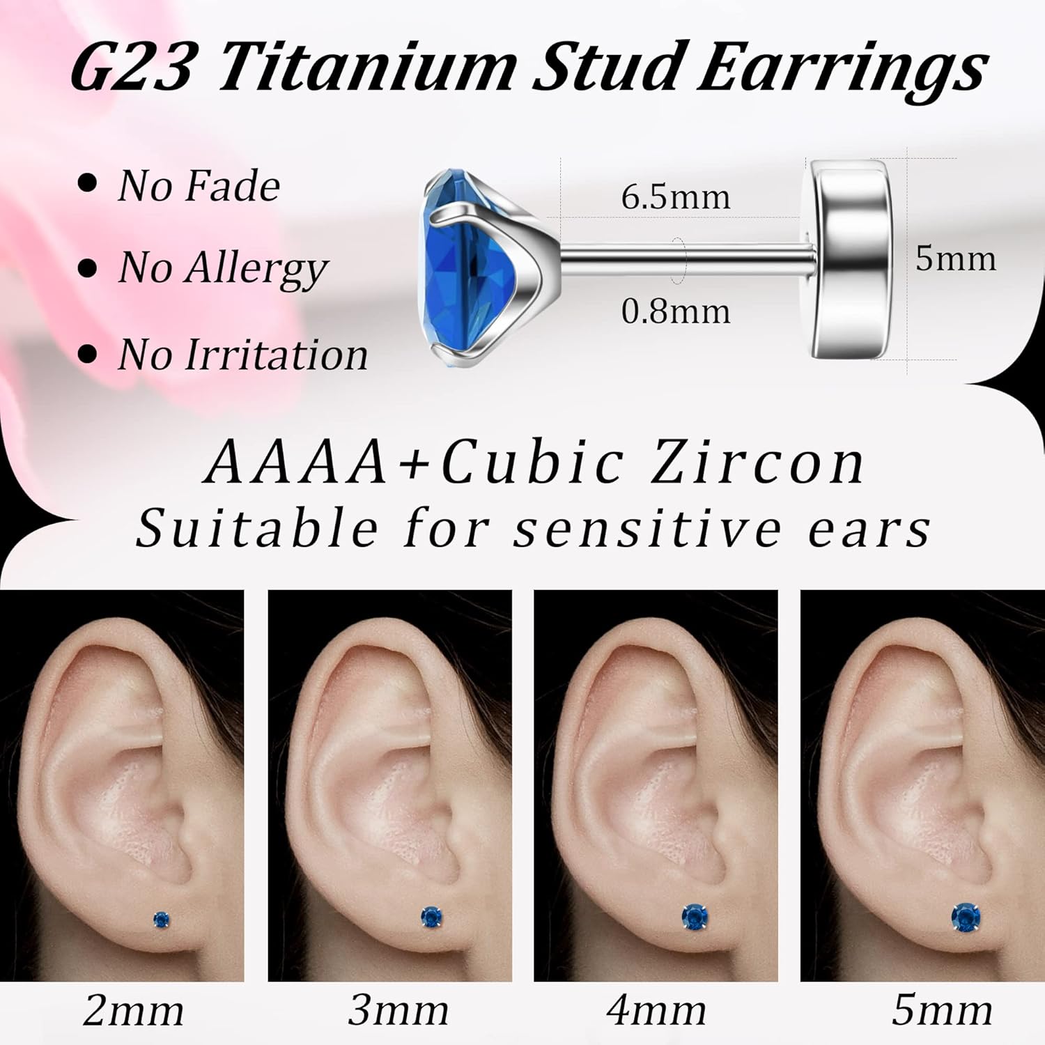 MJust Titanium Earrings for Women Men 20G Flat Back Earrings 2-5MM Cubic Zirconia Hypoallergenic Earrings for Sensitive Ears - Image 4