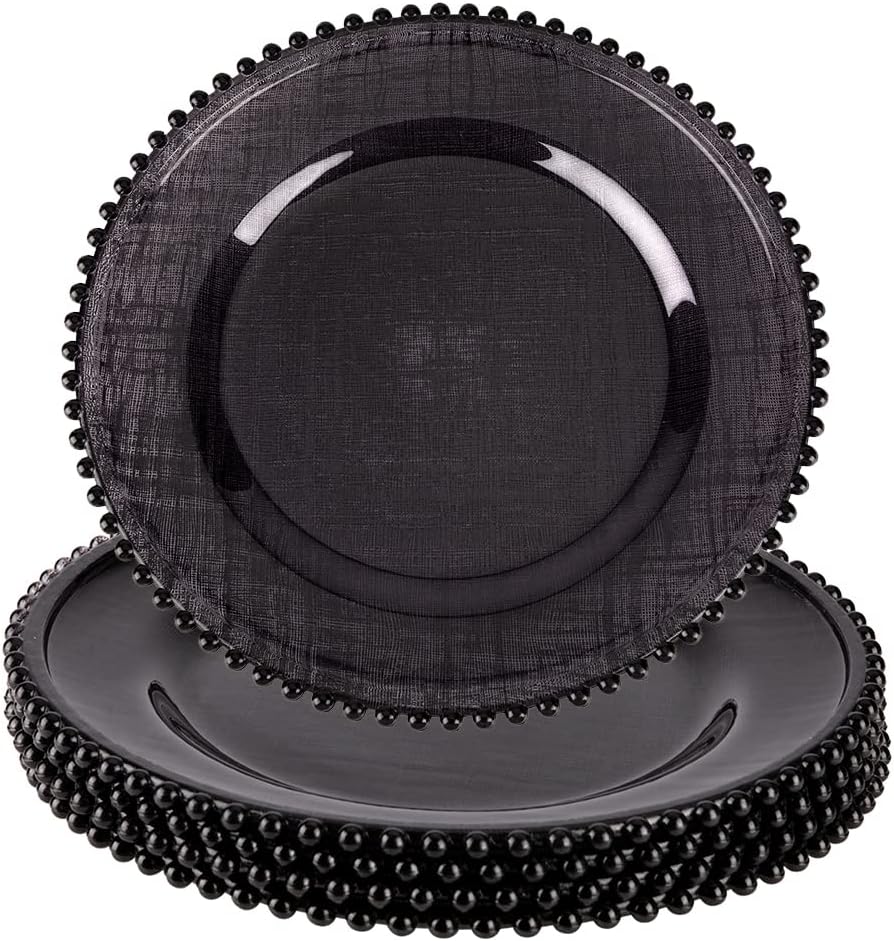 Koyal Wholesale Black Glass Charger Plates for Dinner Plates, Decorative Plate Chargers, Elegant Table Settings for Wedding, Party, Holiday Events, Linen Cross-Stitch Pattern Modern Table Decor