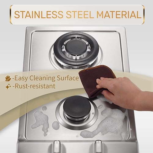 Miniatura 7 de TOPWISH Placa de cocina de gas propano de 2 quemadores, estufa de gas incorporada de GLPNG de 12 pulgadas con 2 quemadores sellados ITALY SABAF de