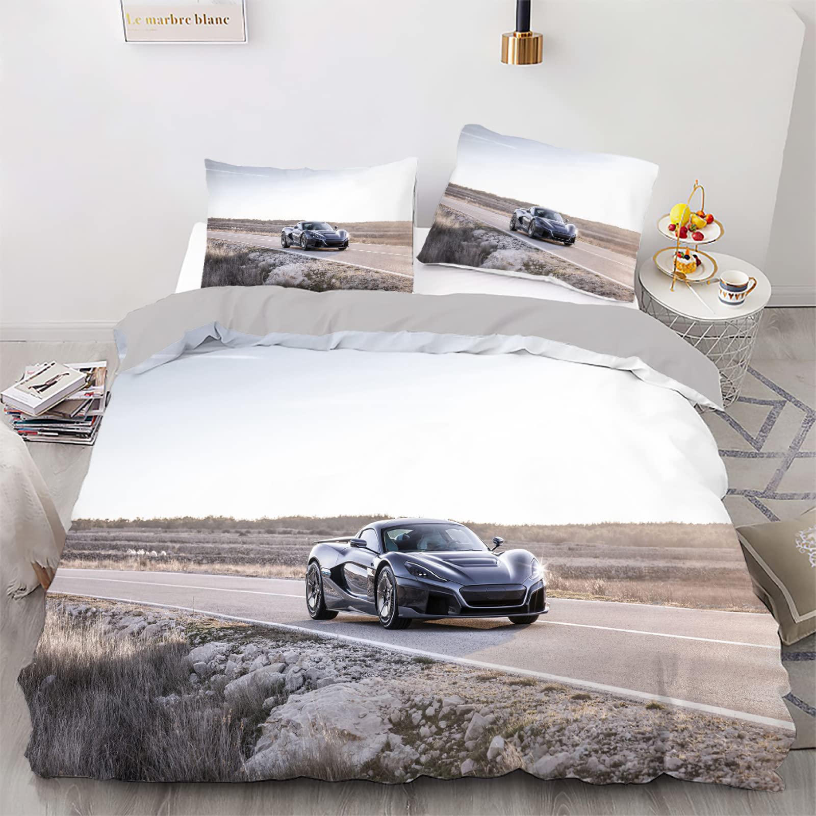Housse de couette voiture sport blanche parure lit enfant pour s'endormir