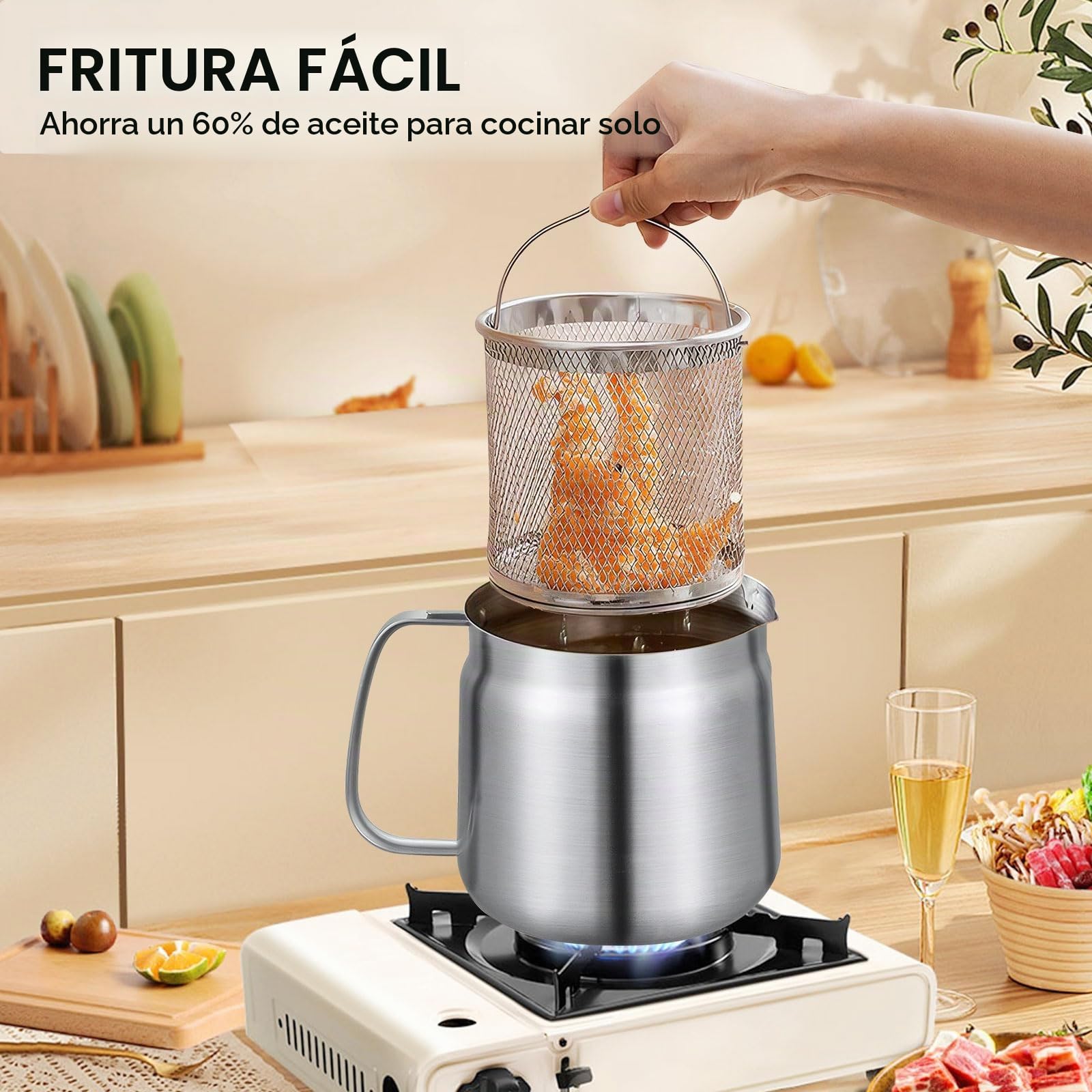 Olla de filtro de aceite de acero inoxidable 304 con cesta de filtro y malla, tapa a prueba de polvo y bandeja antideslizante con asa para almacenar, freír y cocinar grasa (1,5 L)