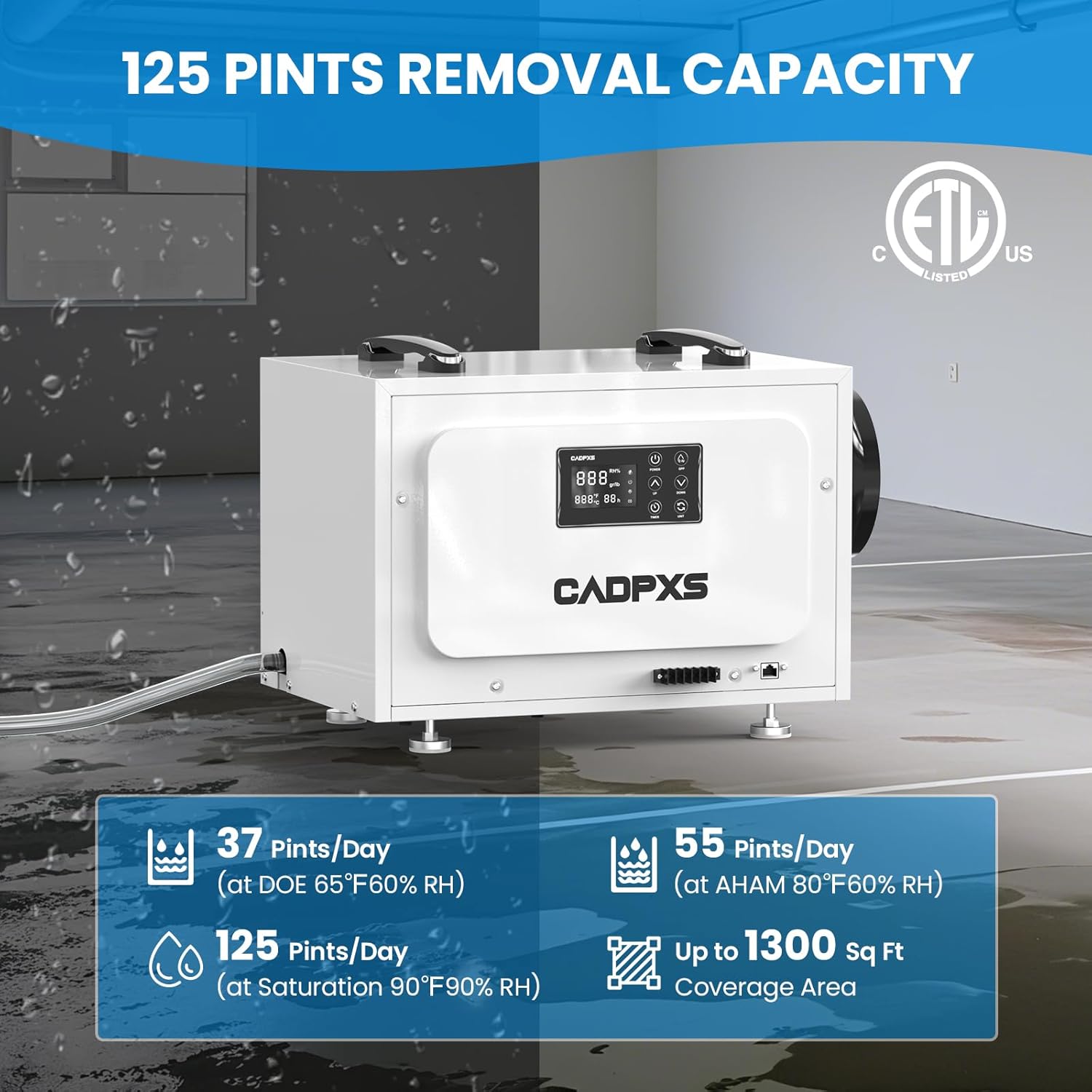 CADPXS Crawl Space Dehumidifier 125 Pint + MERV-1 Filter Replacement Set, Crawlspace Commercial Dehumidifier for Basement, Compact, Auto Defrost