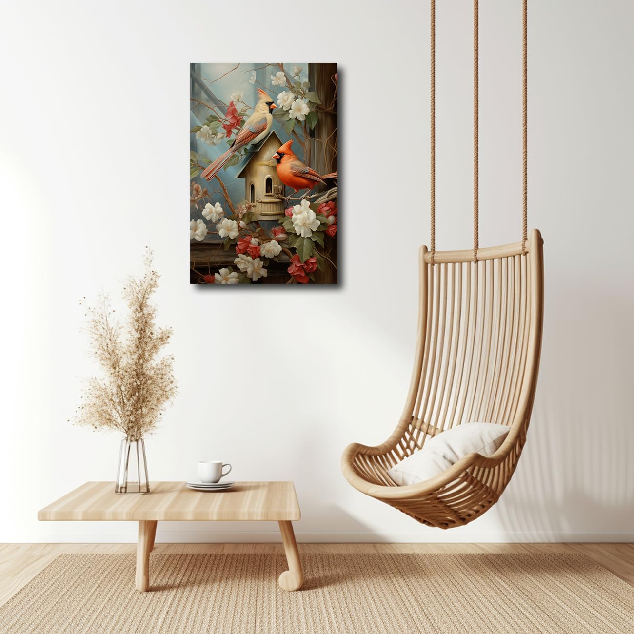 CXHOSTENT Kardinal Leinwandbilder Kardinalvogel mit Vintage Blumen Kunstdruck Tiere Vögel Bilder für rustikale Küche Badezimmer Dekor (A, 70.00 x 105.00 cms)