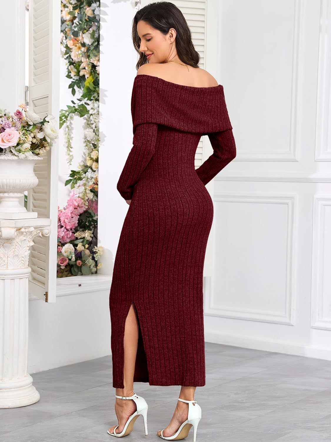 Maternity Sweater Dress Off The Shoulder Rib Knit Long Sleeve Dresses with Side Slit for Pregnancy Baby Shower - Image 4
