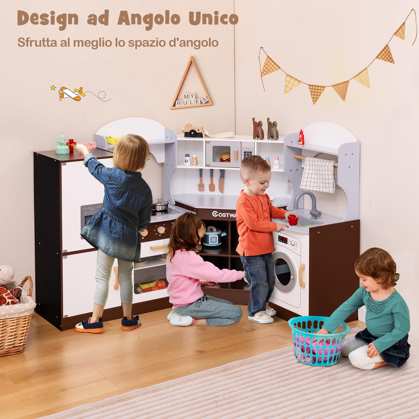 COSTWAY Cucina Giocattolo in Legno con Macchina di Ghiaccio e Accessori | Set Cucina Giocattolo con Microonde, Forno, Lavello, Lavatrice, Effetti Sonori e Luminosi per Bambini 3 Anni+