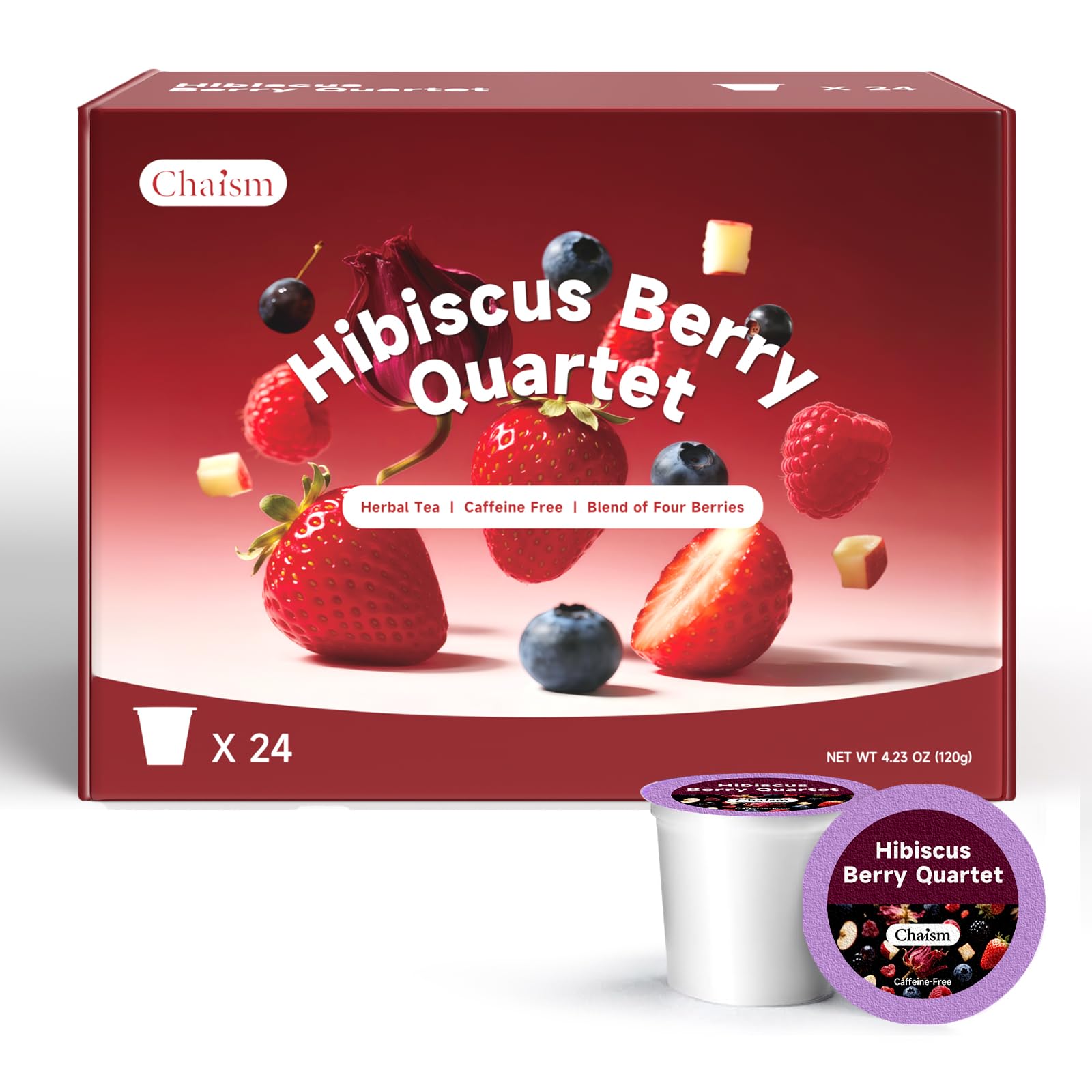 Chaism Hibiscus Berry Quartet - Herbal Tea Pods 4 Berries Blend, Caffeine Free, 24 K Cups