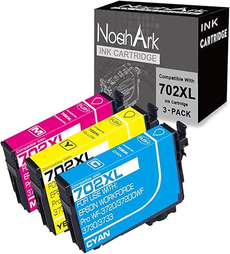 NoahArk Paquete de 3 cartuchos de tinta de repuesto 702XL para impresora Epson 702 702XL T702 T702XL para Epson Workforce Pro WF-3720 WF-3720DWF