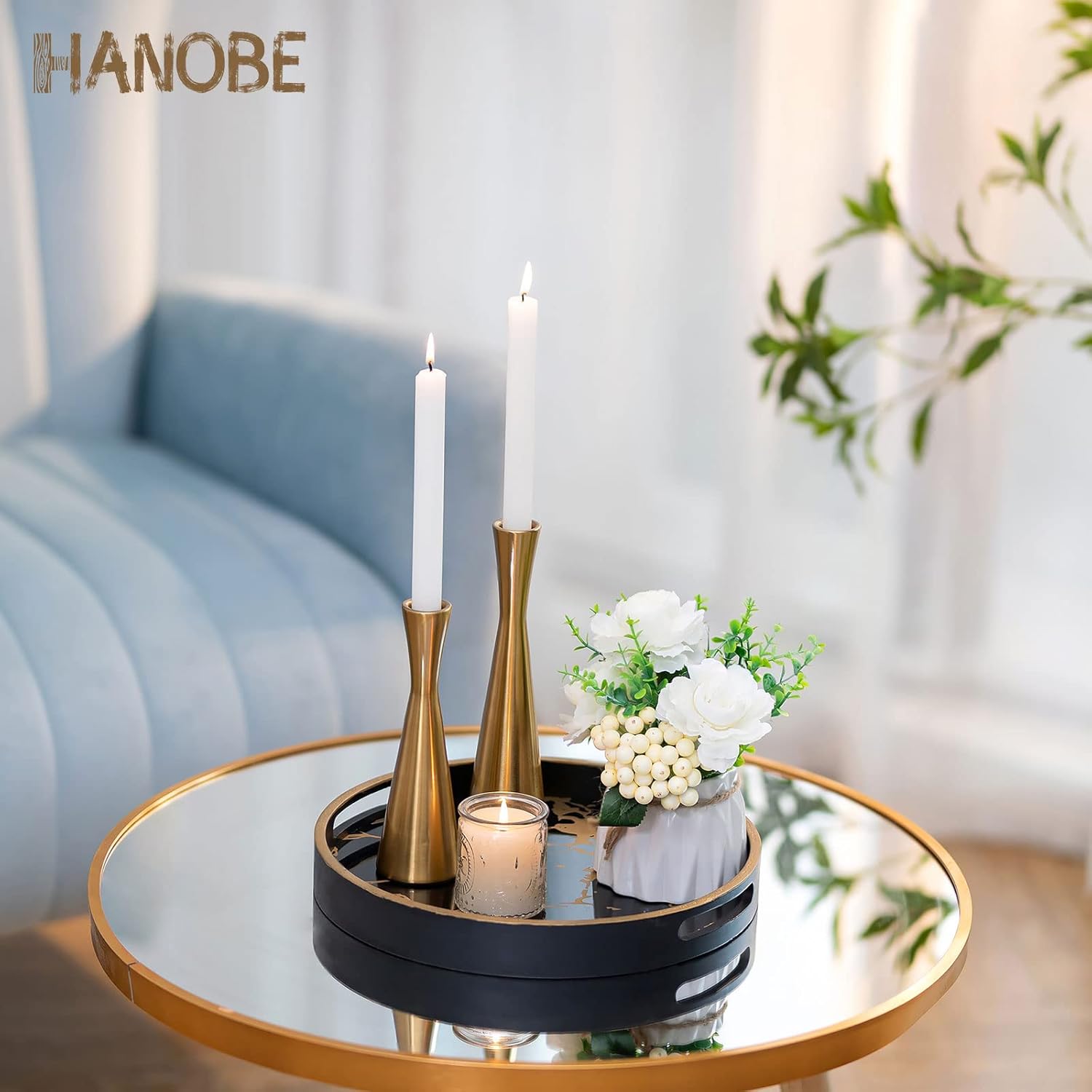Hanobe Round Decorative Coffee Tray: Marble Black Serving Circle Tray with Handles Bar Table Trays for Living Room Drink Party Home Kitchen