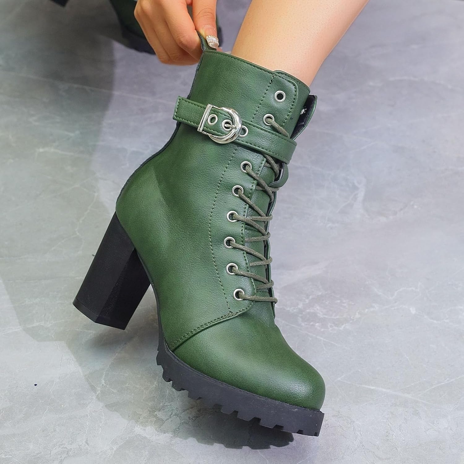 Women’S Casual Belt Buckle High Heel Thick Sole Shoes For Fall Winter Comfortable Thickened Heel Short Boots