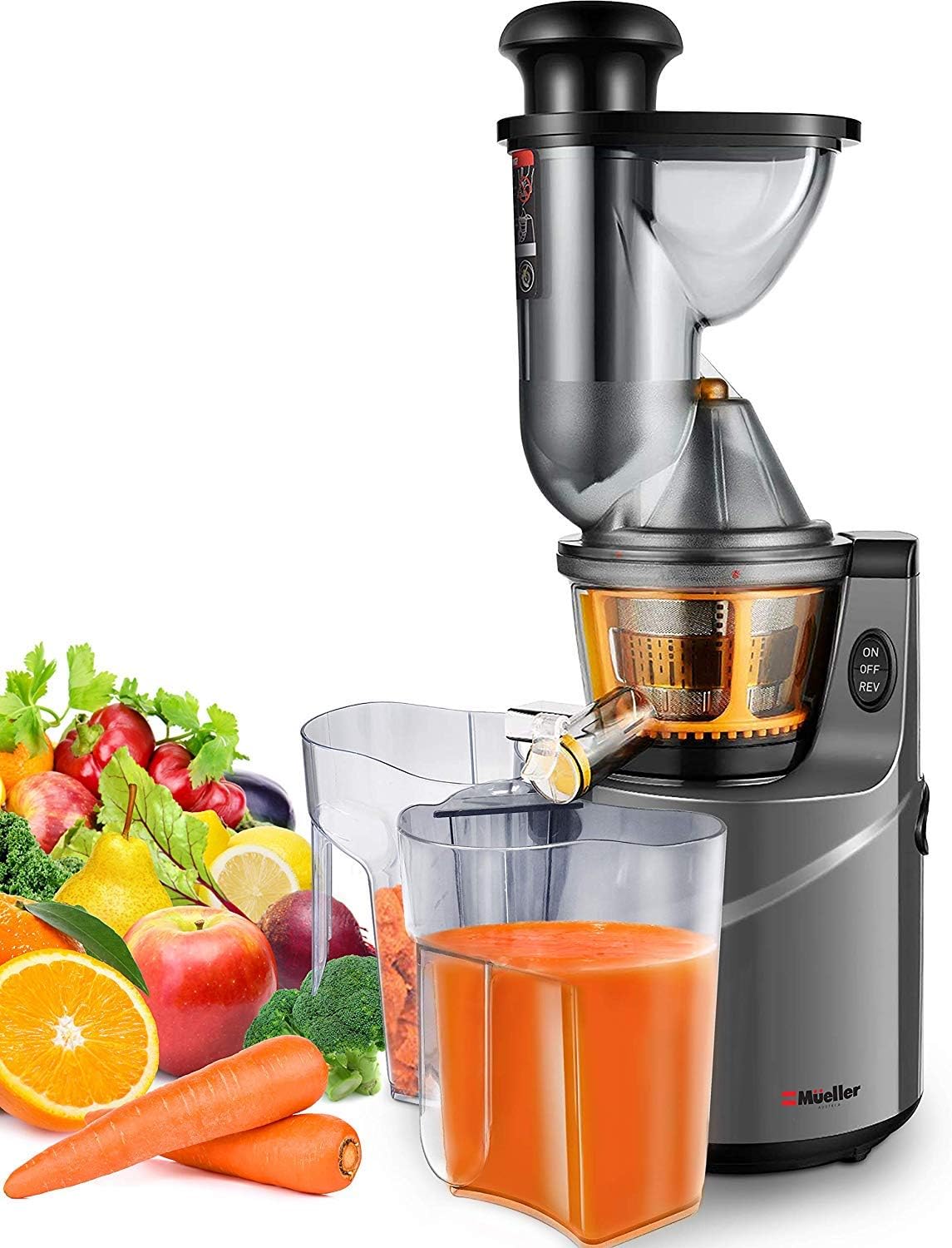 Mueller Austria Juicer Machine Extractor with Slow Cold Press Masticating Squeezer Mechanism Technology, 3" Chute Accepts Whole Fruits & Vegetables, Easy Clean, Large, Nickel
