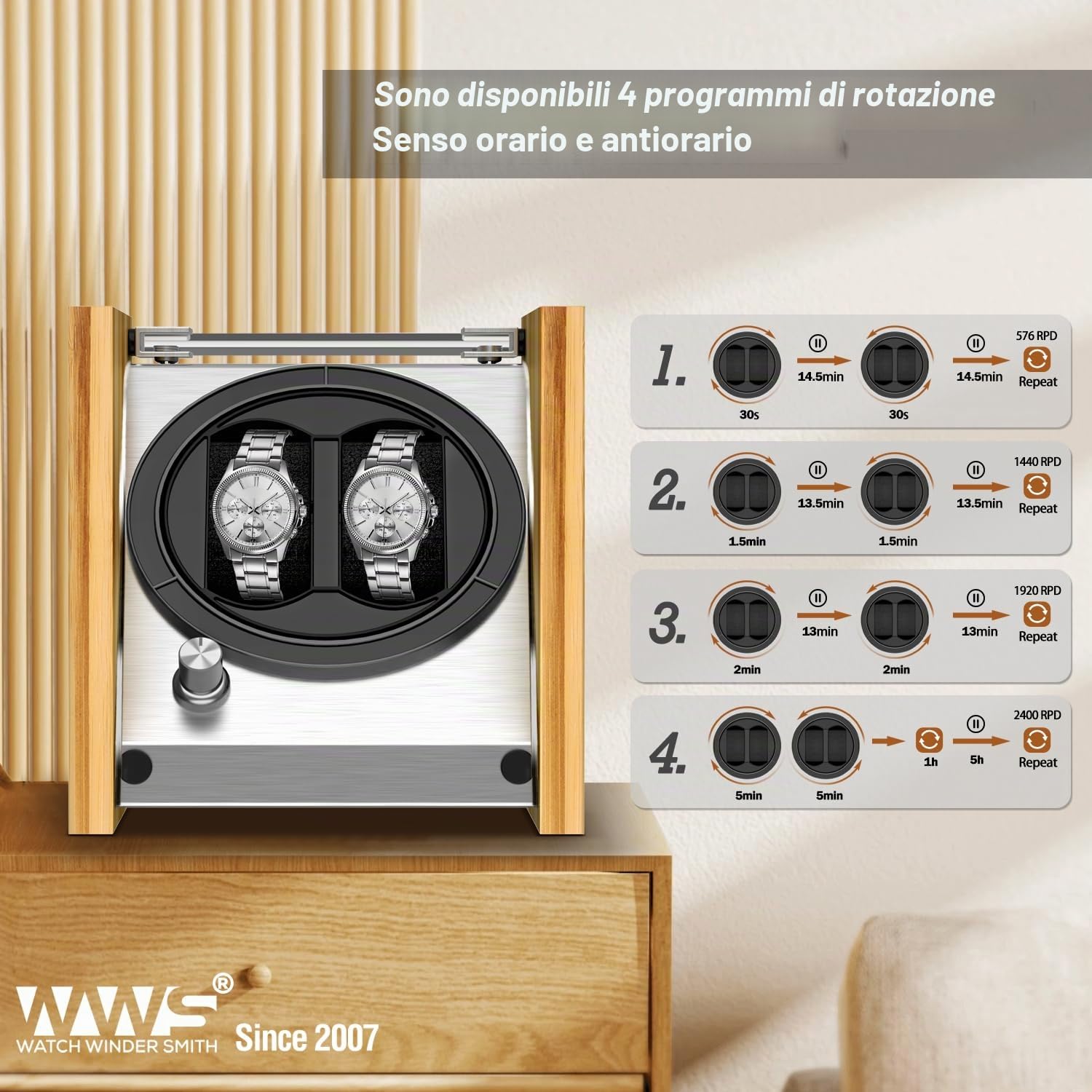 Watch Winder Smith - Orologio automatico per orologio, 100% artigianato, design brevetto in legno di bambù, motore giapponese ultrailenzioso con AC o a batterie