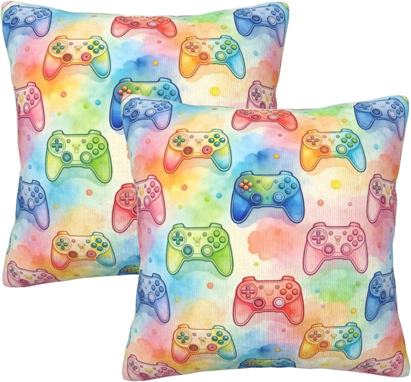 Rainbow Game Joysticks Throw Pillow Covers Set of 2 Gamer Gaming Theme Decorative Pillowcases Soft Pillow Case Cushion Cover for Living Room Bedroom Sofa Couch, 18"X18"