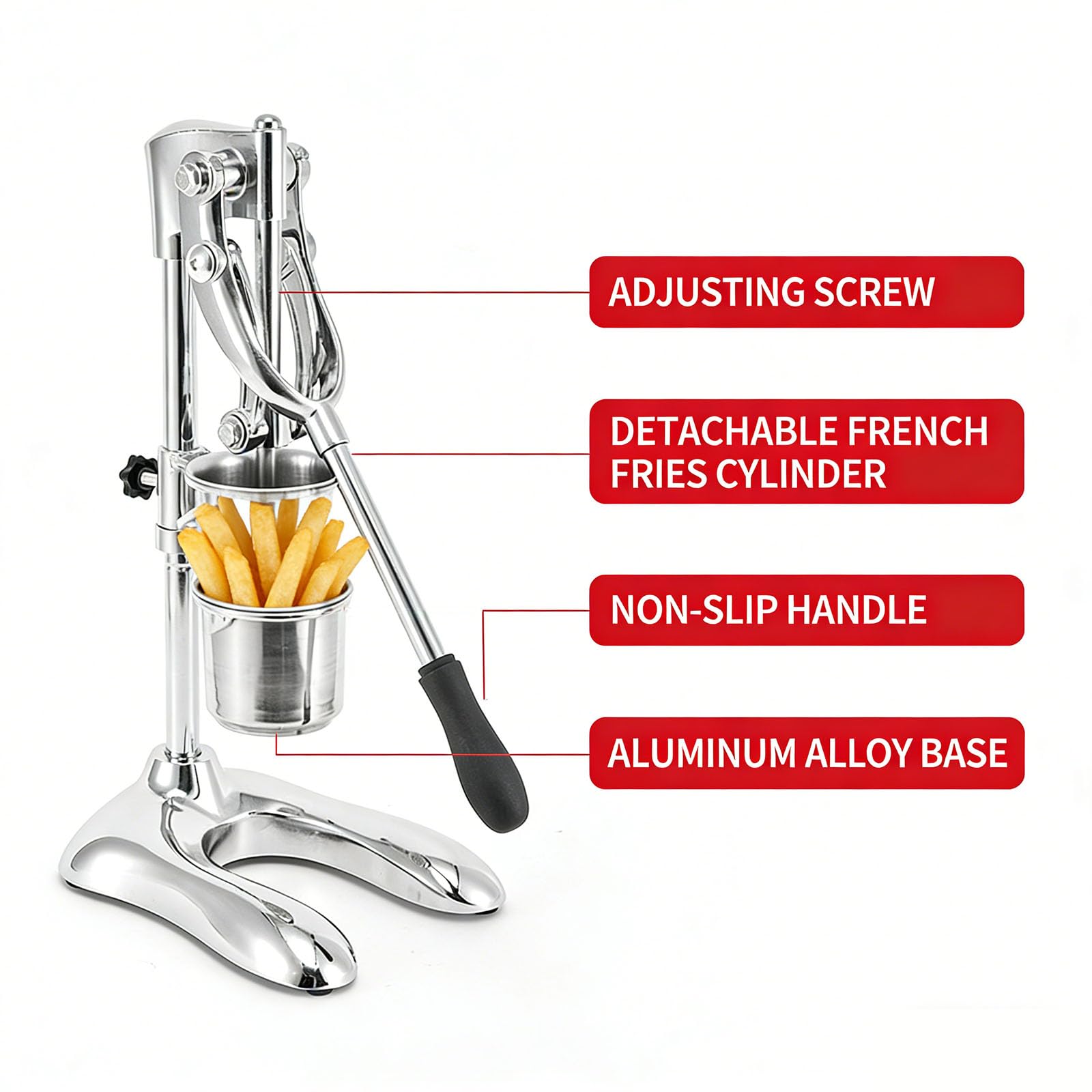 Exprimidor de Papas Fritas Extralargo, Manual, de 30 Cm, con Cesta para Freír, Tubo Desmontable De 12 Orificios Y Base Lastrada en Forma De U, Ideal para Food Trucks Y Cocinas