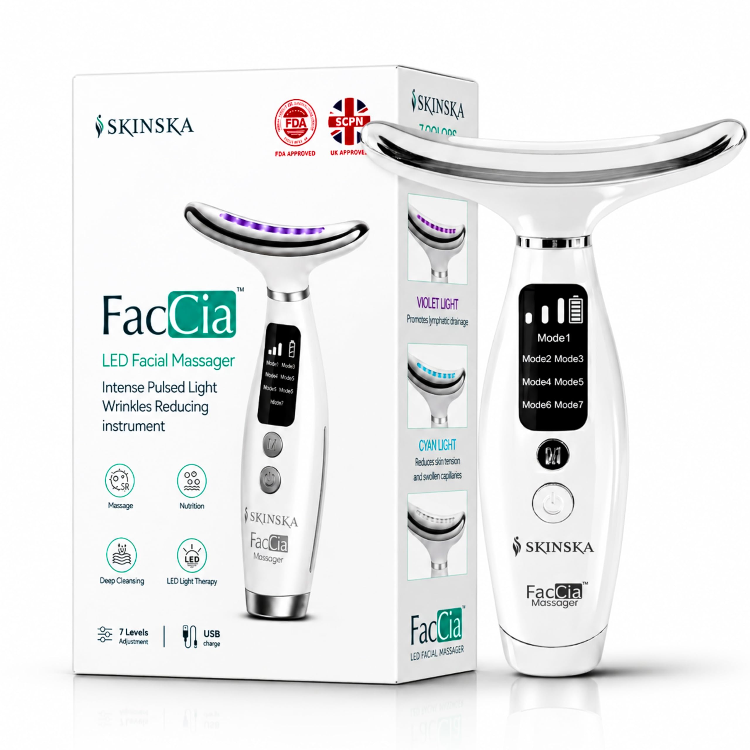 Faccia 7 Color LED Facial Massager for Face & Neck | Red Light Therapy, Heat & Ultrasonic Vibration | Skin Tightening & Wrinkle & Anti-Ageing Device | 7 Intensity Levels | USB Rechargeable-image-11