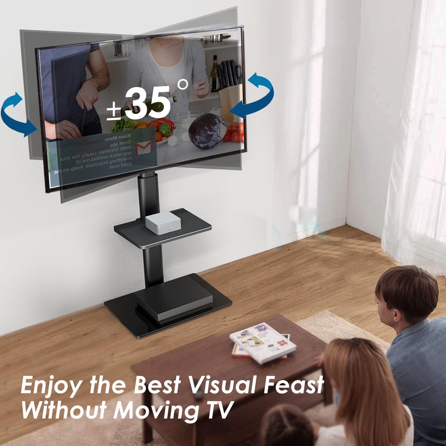 FITUEYES Supporto TV da Terra per 32-60 Pollici, Supporto TV da Pavimento con Ripiano Regolabile, Altezza Regolabile, Portata Max.30 kg, VESA Max. 600 x 400 mm, Nero