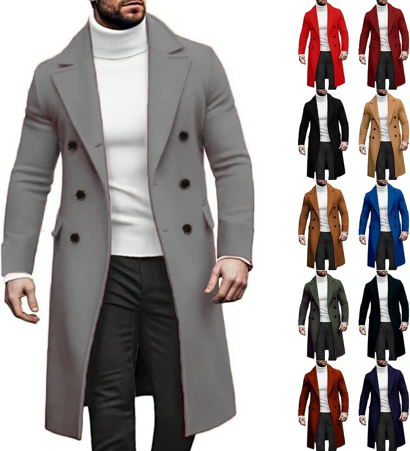 Ymosrh Men's Casual Trench Coat Notched Collar Long Jacket Overcoat Double Breasted Pea with Pockets, M-3XL