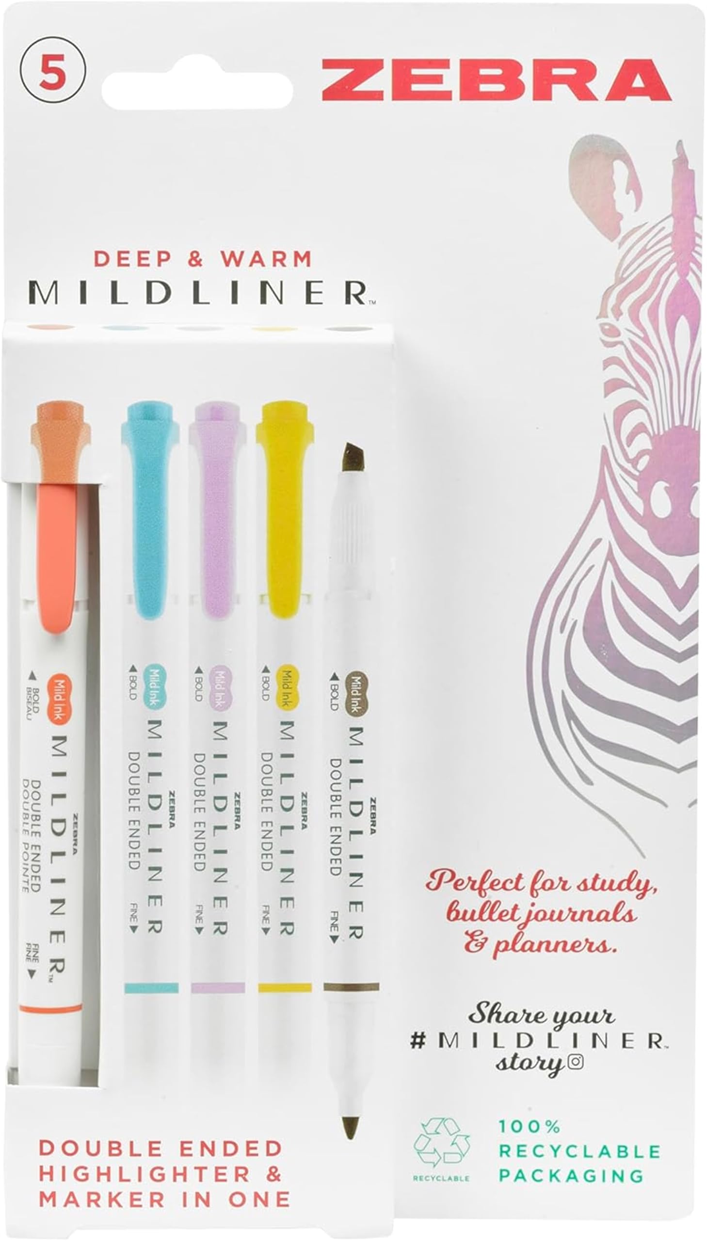 Zebra Pen Dual Tip MILDLINER Warm Highlighters & Colouring Pens 5pk