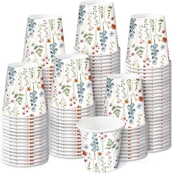 RUSPEPA 3oz Wildflower Paper Cups, 100 Pack Wild Flower Design Disposable Small Party Cup for Bathroom, Mouthwash, Espresso, Wedding, Bridal Shower, Baby Shower, Mothers Day, Garden Party Supplies