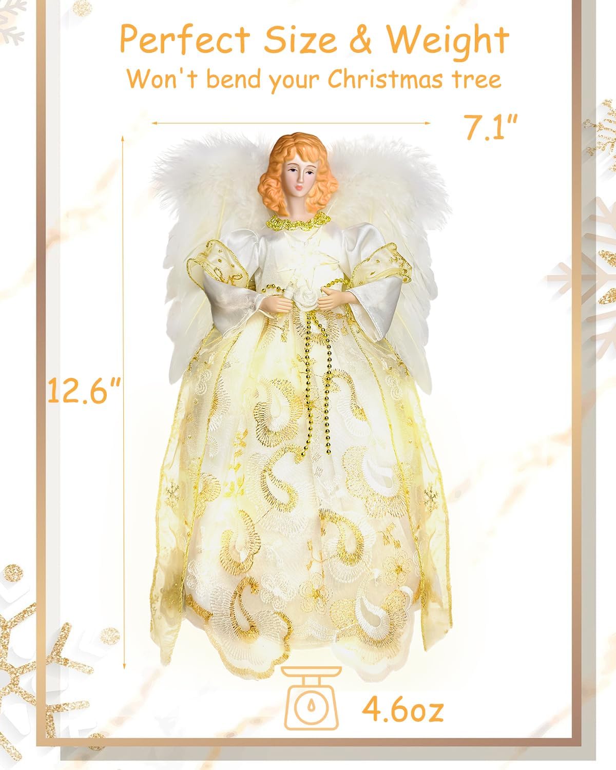 2025 Angel Tree Topper with Lights, Vintage Angel Christmas Tree Topper Lighted Battery Operated with Plump Wings for Christmas Indoor Decoration Gold & White, 12.6” - Image 5