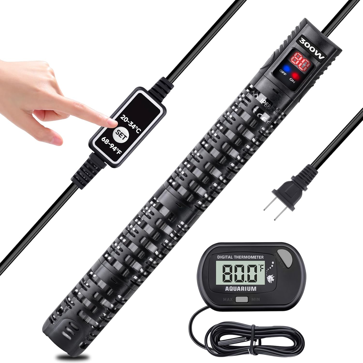 Aquarium Heater 300W with External Temp Controller & LED Display, Digital Thermometer, Auto Shut-Off, Overheat & Dry-Run Protection, UL Safety, Temp Sensor, for 40-60 Gallon Saltwater & Freshwater