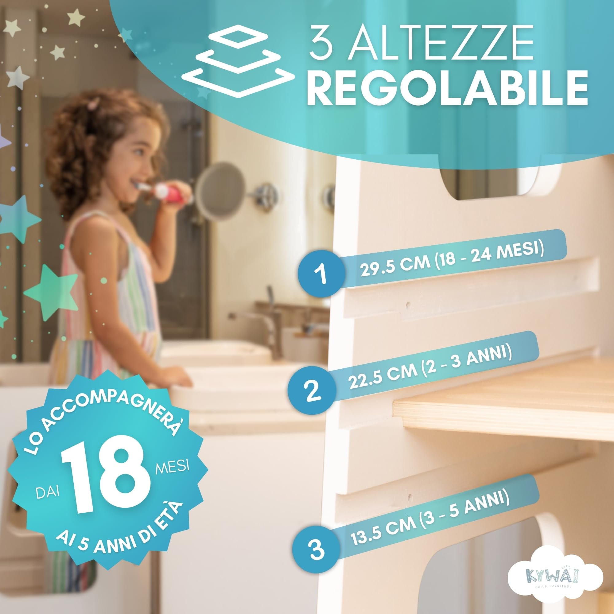 KYWAI ® Torre Montessoriana bambini in Legno - Torretta Montessoriana - Torre Montessori - Scaletta Bambini - Learning Tower - Scaletta Montessori per bambini (Bianco)