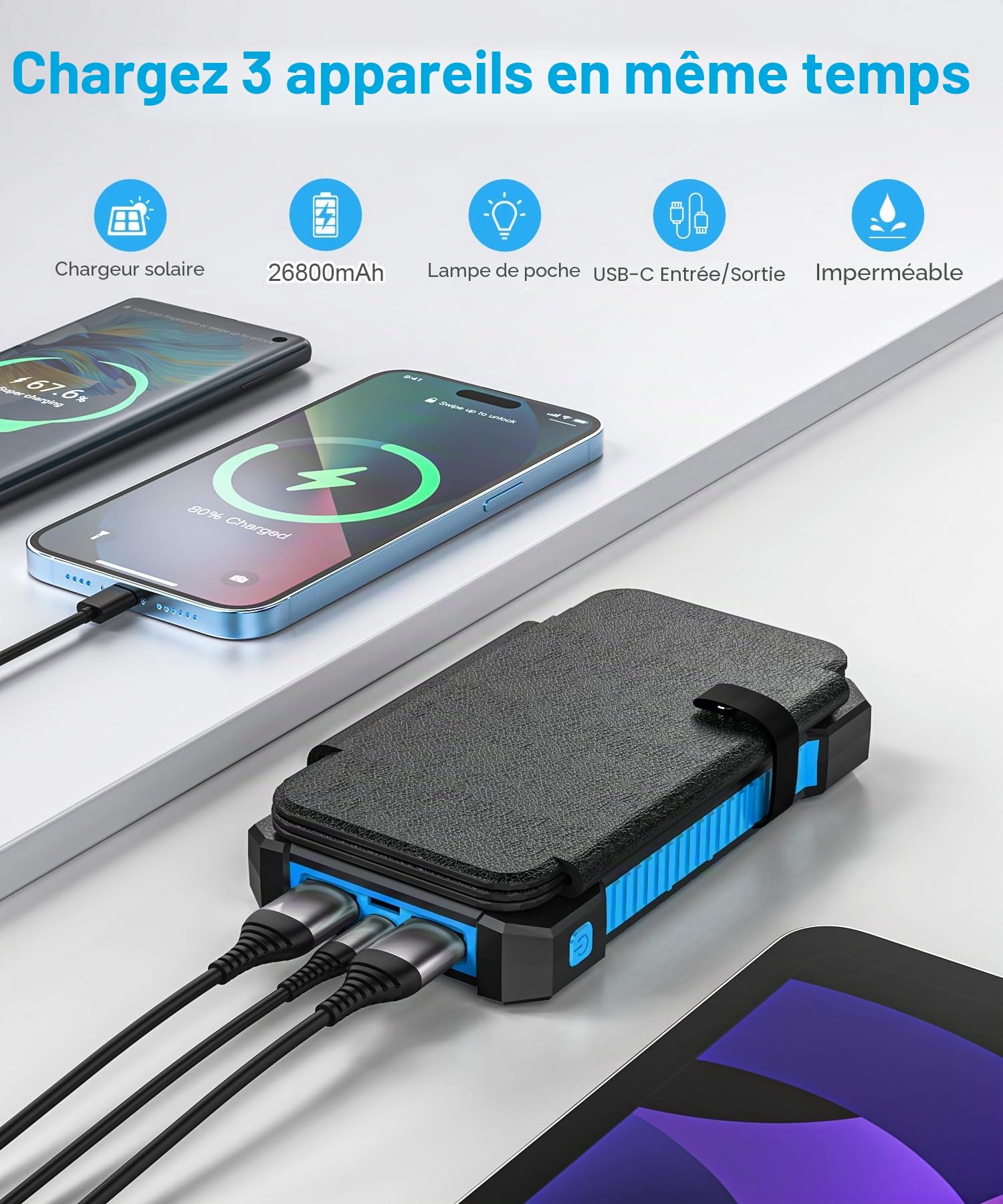 Chargeur Solaire 26800 mAh avec 4 Panneaux Solaires, Batterie Externe Solaire étanche avec Charge Rapide USB-C 18W pour Téléphones Portables, Tablettes, Ordinateurs.