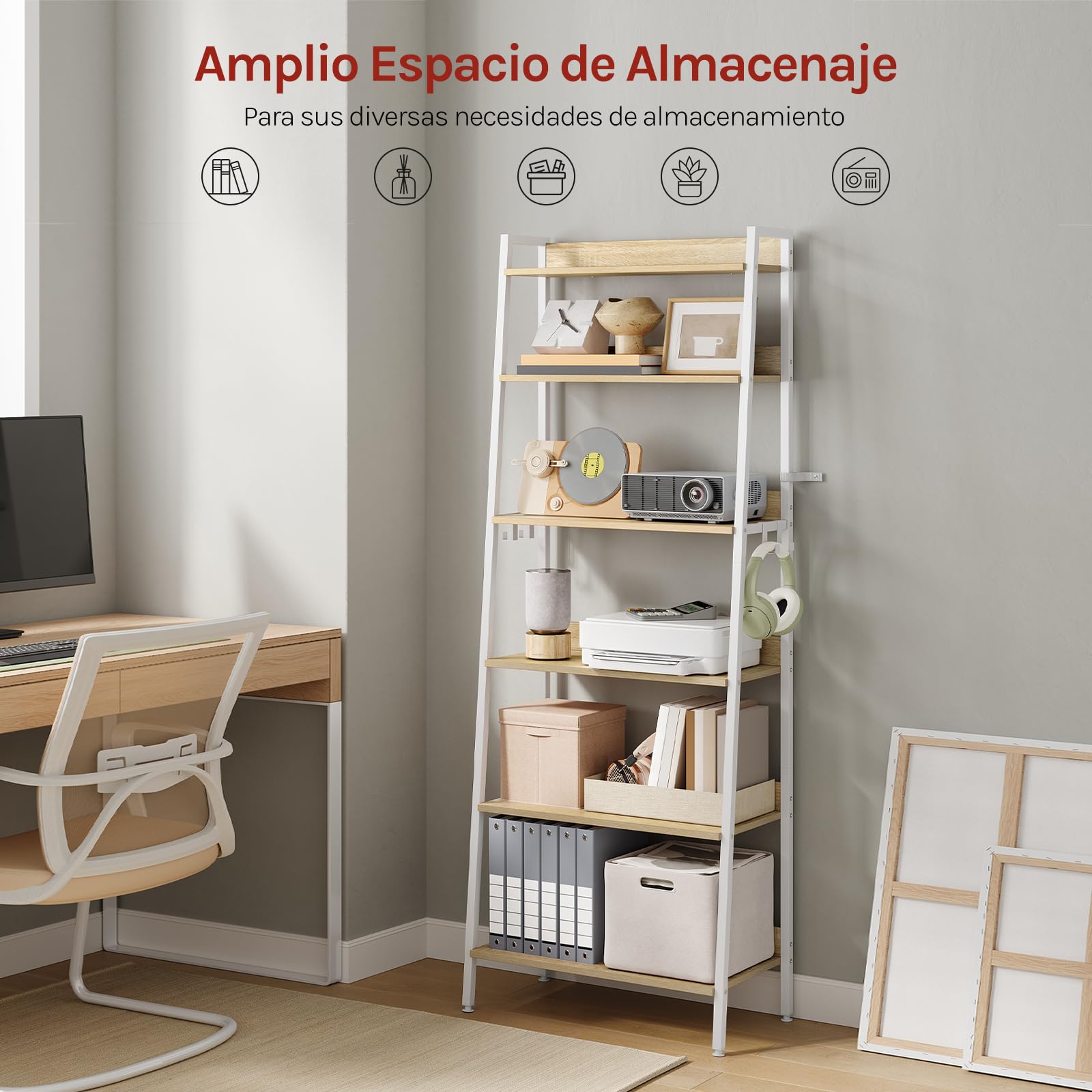 WOLTU Estantería de 6 Niveles, Estantes Madera Almacenaje, con 4 Ganchos, Estanteria Industrial para Salón, Estudio y Cocina, Marco Metálico, 64x36x187,5 cm Roble Claro + Blanco