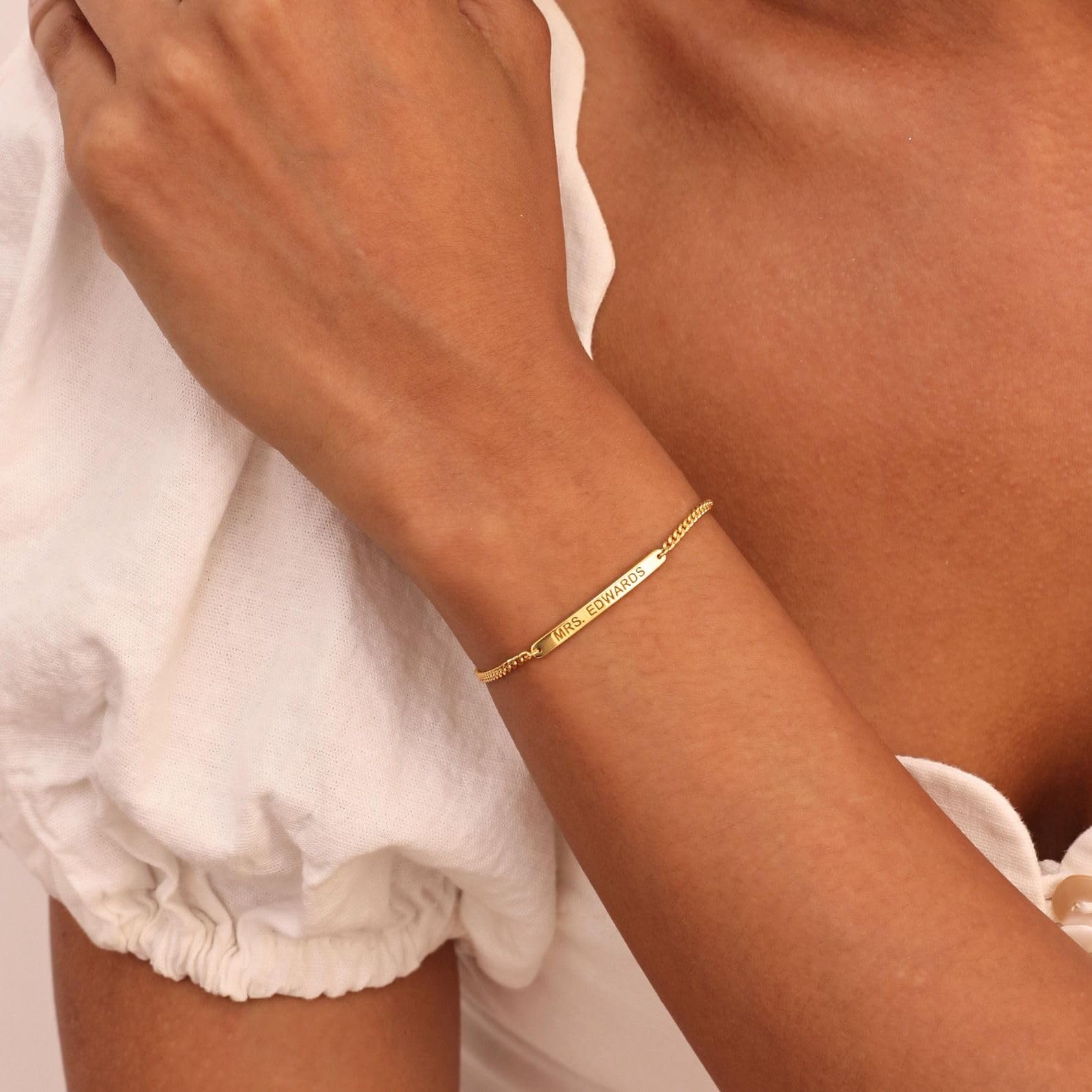 Nombre grabado Brazalete de la barra plata de ley 925 eslabón cubano cadena Mensaje Pulseras damas de honor hechos a mano