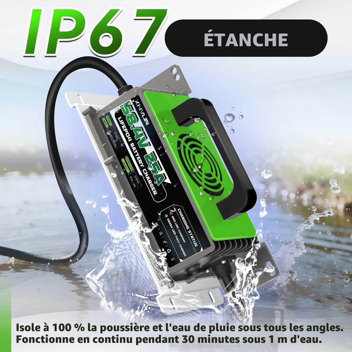 Chargeur 58.4V 25A LiFePO4 pour Chargeur de Batterie au Lithium Fer Phosphate 48V (51.2V), Charge Rapide, protège la Batterie