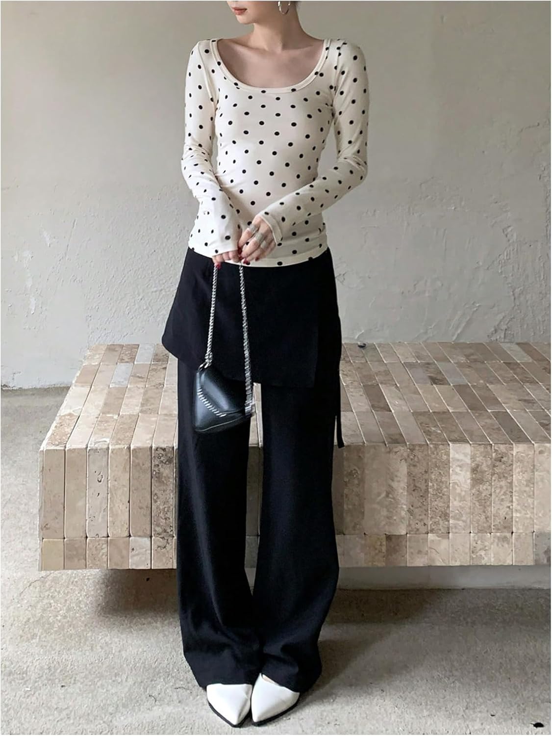 WDIRARA Women's Polka Dots Square Neck T Shirts Long Sleeve Tee Fitted Tops - Image 5