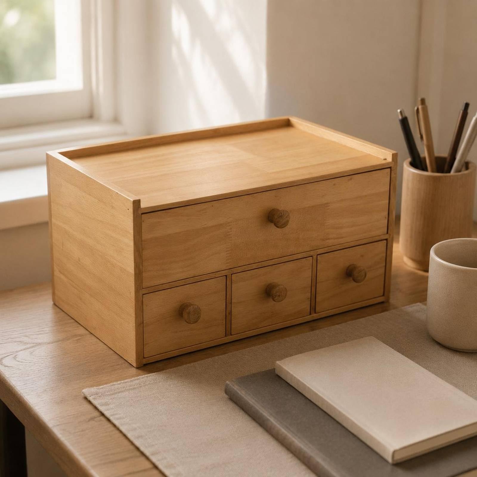 predolo Cassettiera da Scrivania in Legno Ripiano Superiore Piatto Organizzatore con Cassetti in Legno Fatto a Mano per Ufficio, Legno Naturale, Scatola Da Tè A 4 Cassetti